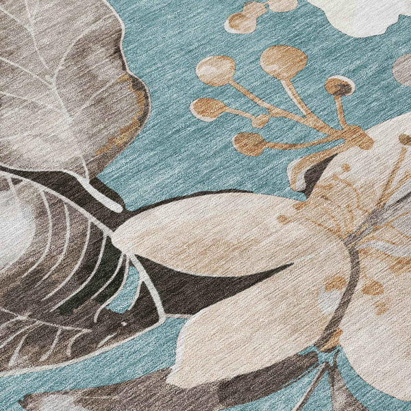 10' X 14' Teal Blue Ivory And Charcoal Floral Washable Indoor Outdoor Area Rug