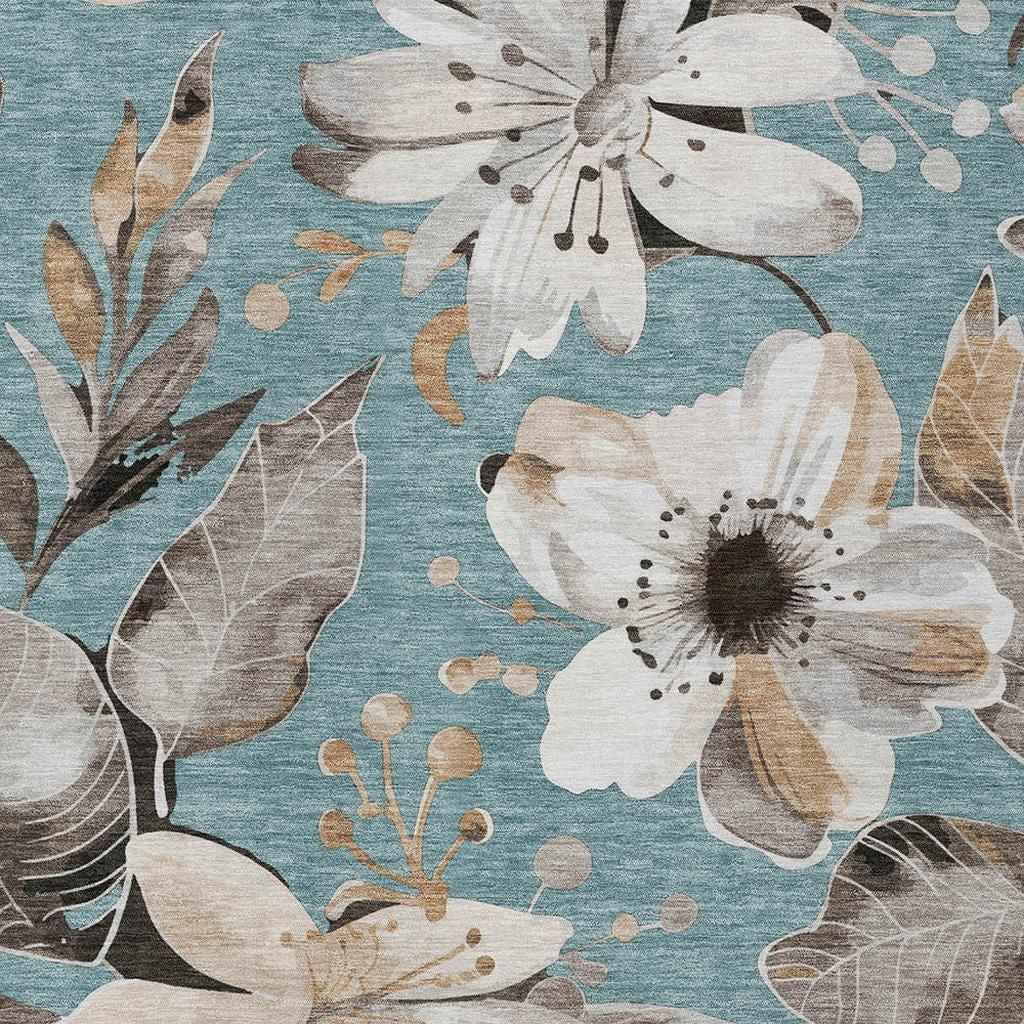 10' X 14' Teal Blue Ivory And Charcoal Floral Washable Indoor Outdoor Area Rug