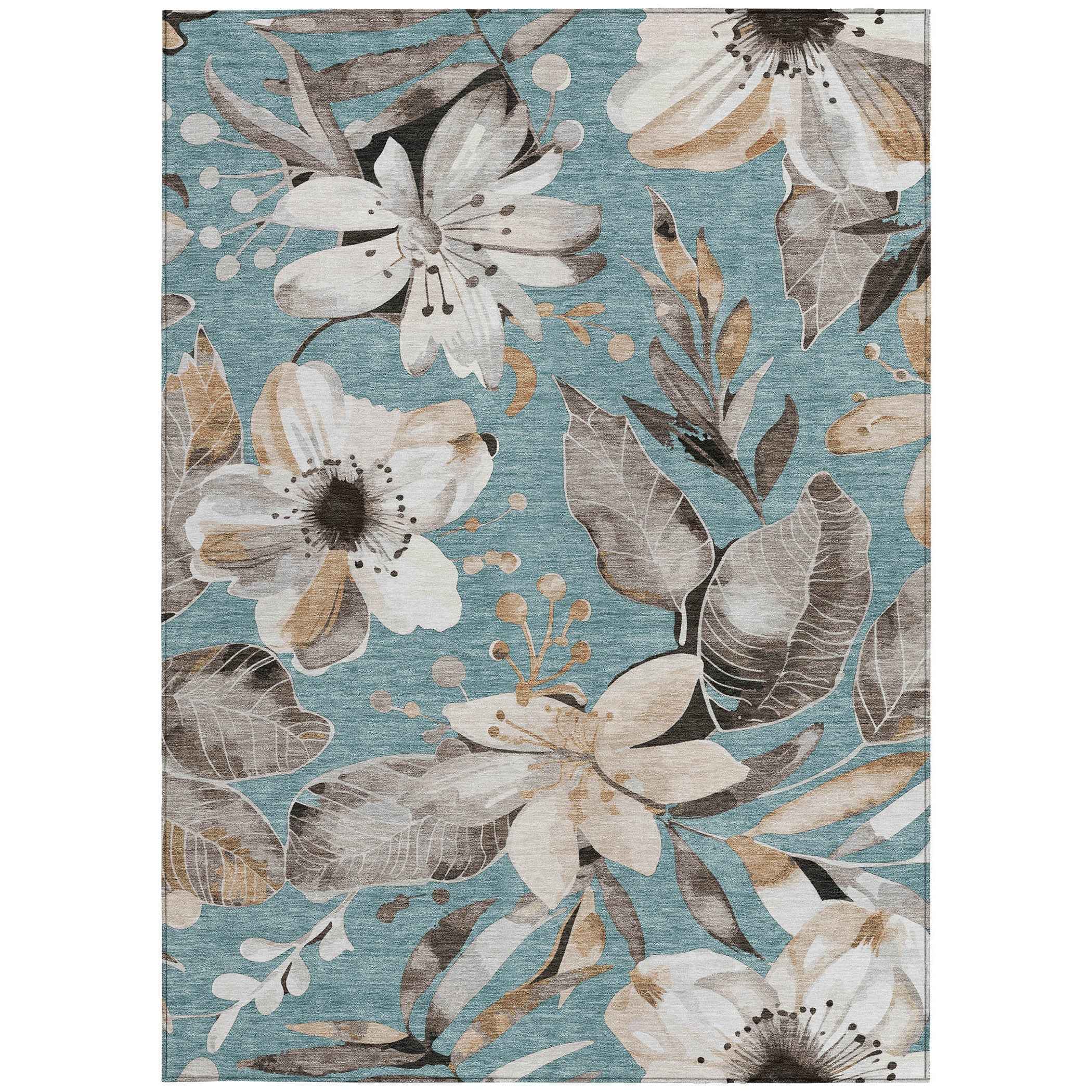 10' X 14' Teal Blue Ivory And Charcoal Floral Washable Indoor Outdoor Area Rug