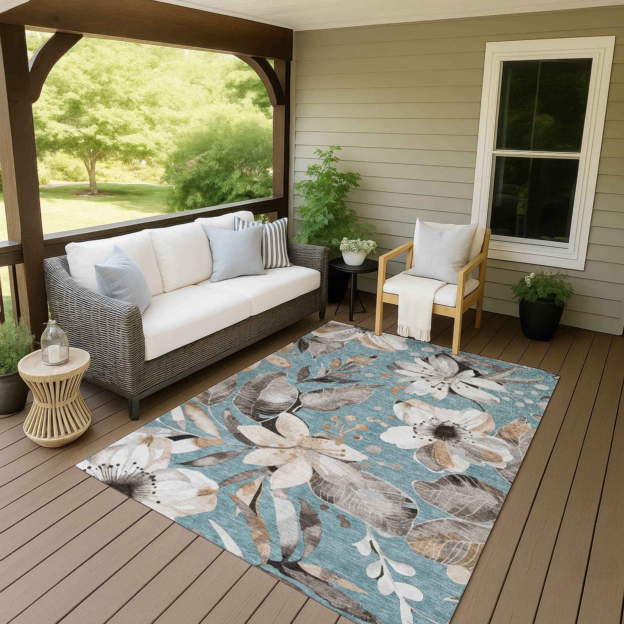 10' X 14' Teal Blue Ivory And Charcoal Floral Washable Indoor Outdoor Area Rug