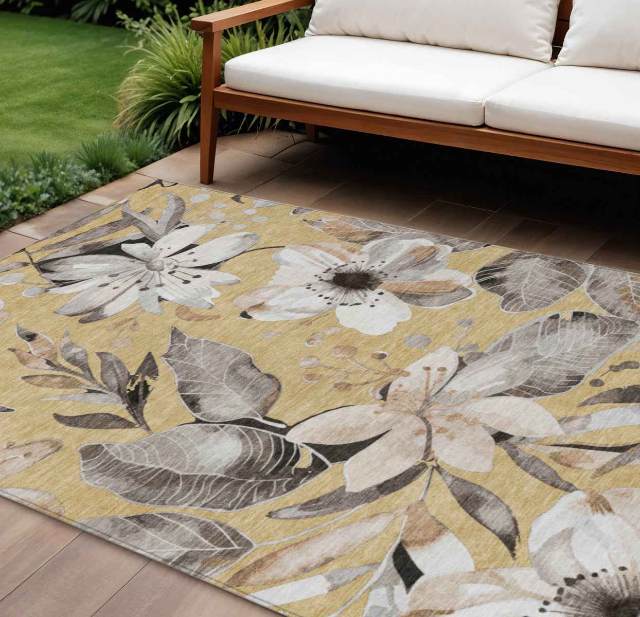 9' X 12' Gold Ivory And Charcoal Floral Washable Indoor Outdoor Area Rug