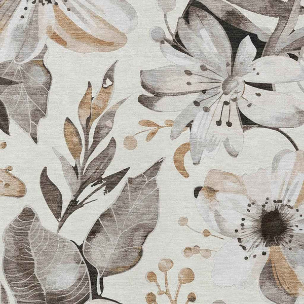 5' X 8' Ivory Charcoal And Wheat Floral Washable Indoor Outdoor Area Rug