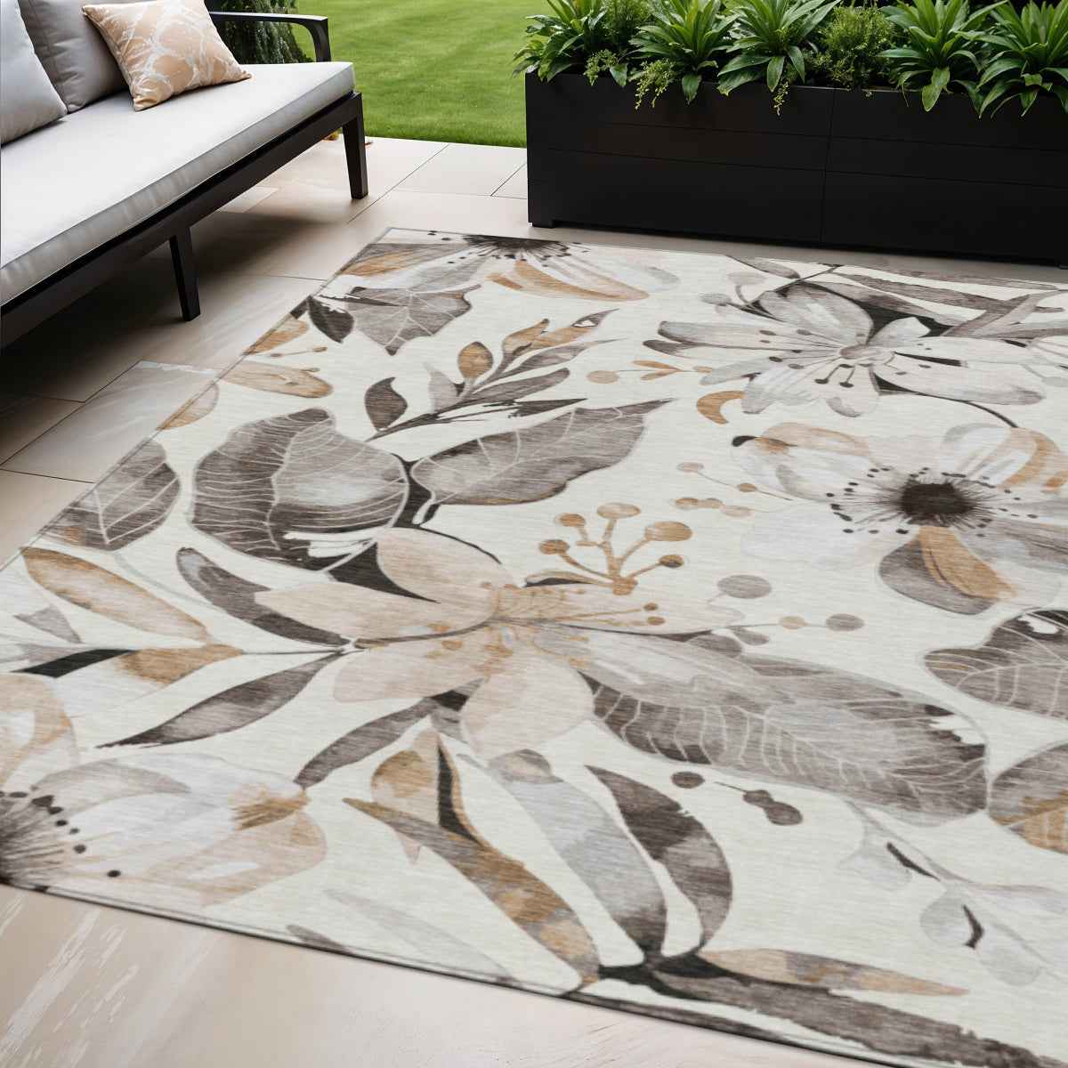 5' X 8' Ivory Charcoal And Wheat Floral Washable Indoor Outdoor Area Rug