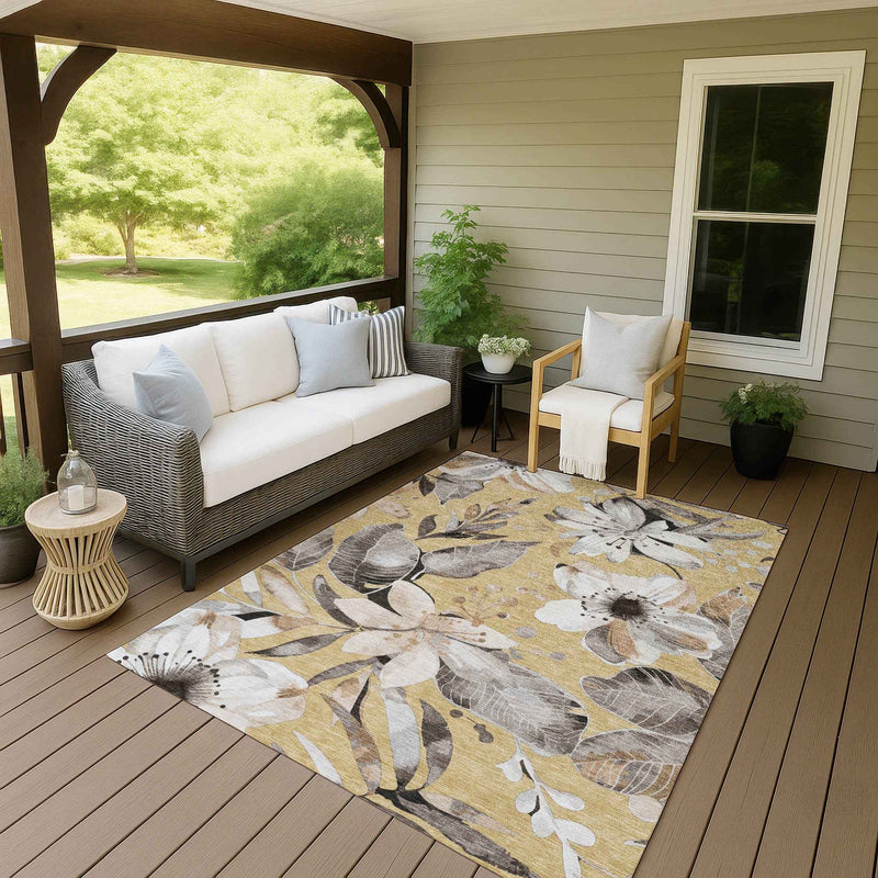 9' X 12' Gold Ivory And Charcoal Floral Washable Indoor Outdoor Area Rug