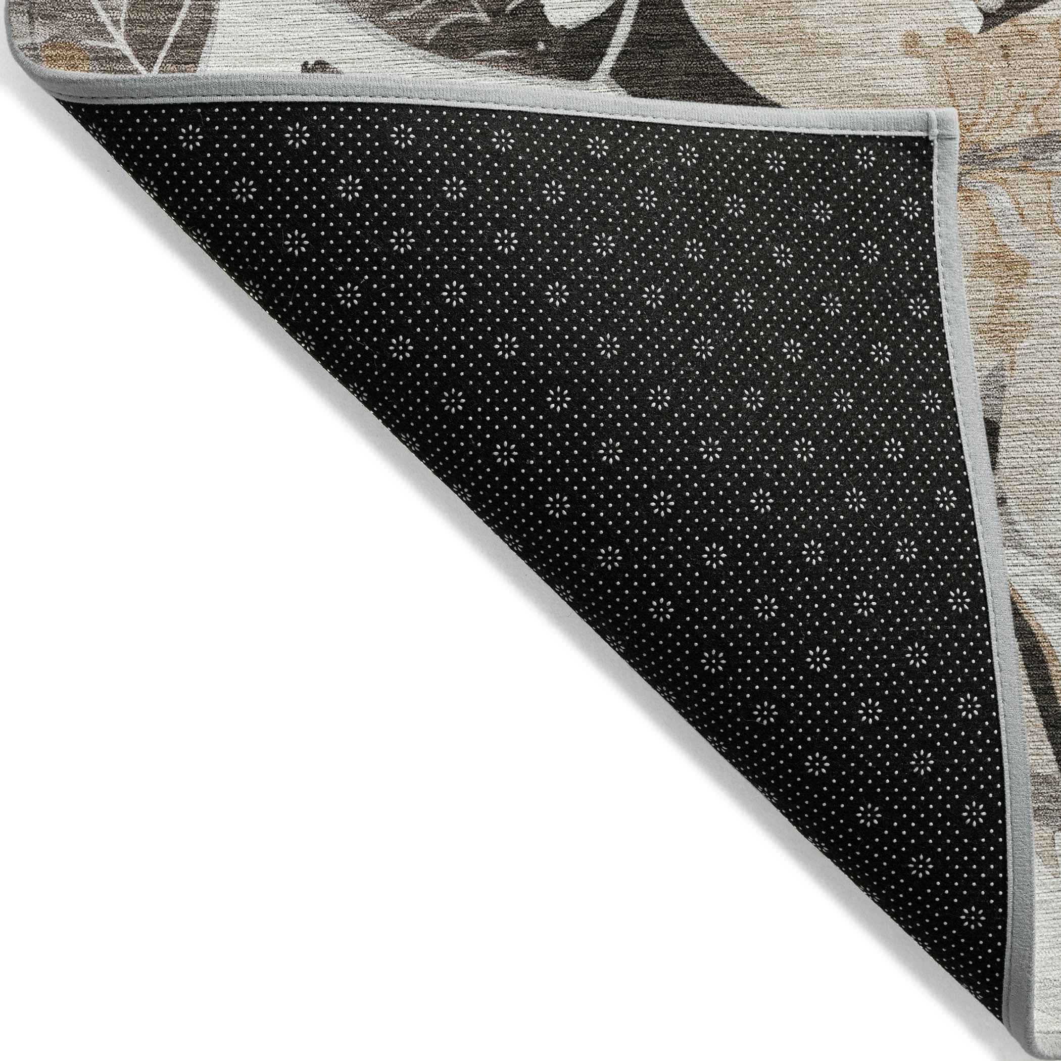 5' X 8' Ivory Charcoal And Wheat Floral Washable Indoor Outdoor Area Rug