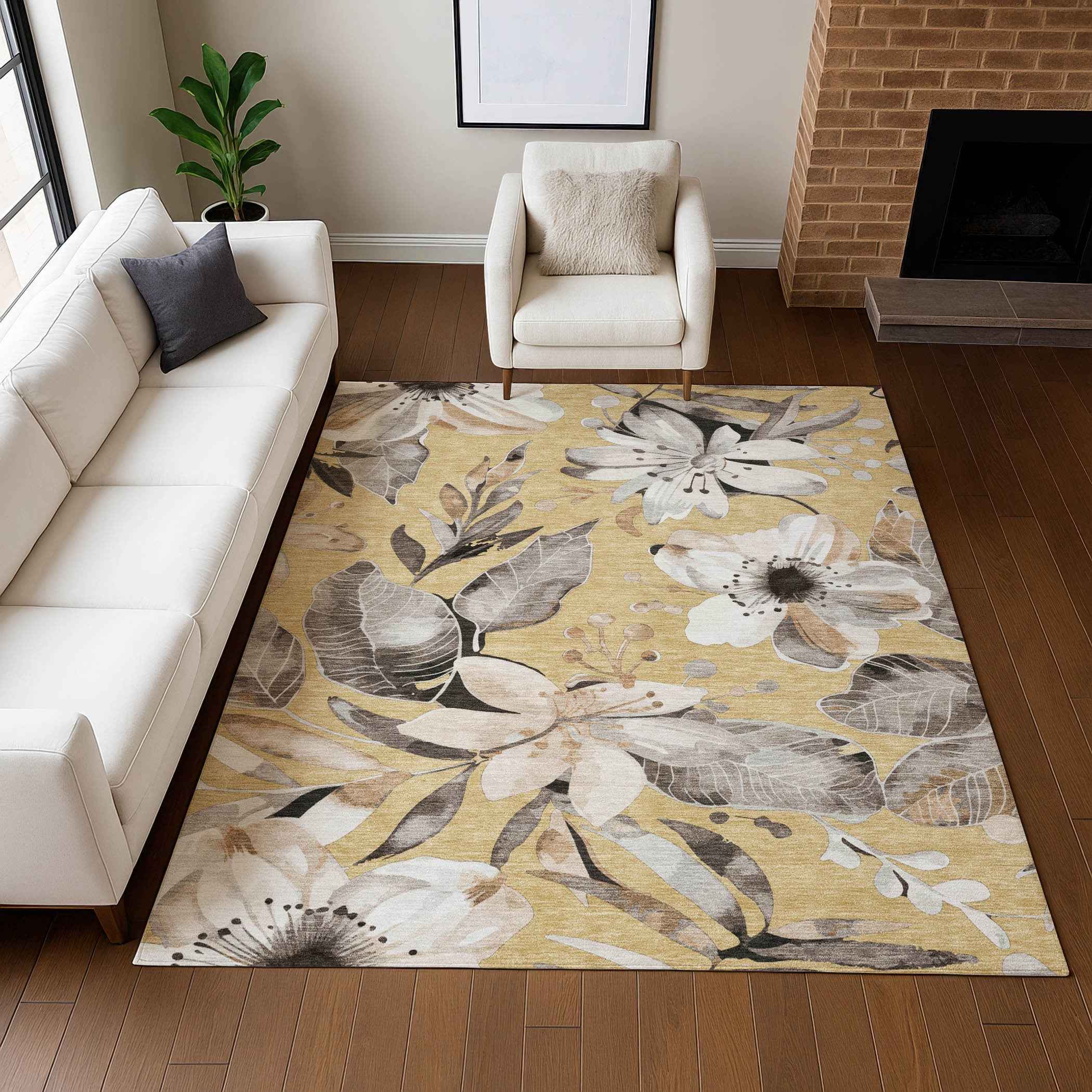 9' X 12' Gold Ivory And Charcoal Floral Washable Indoor Outdoor Area Rug