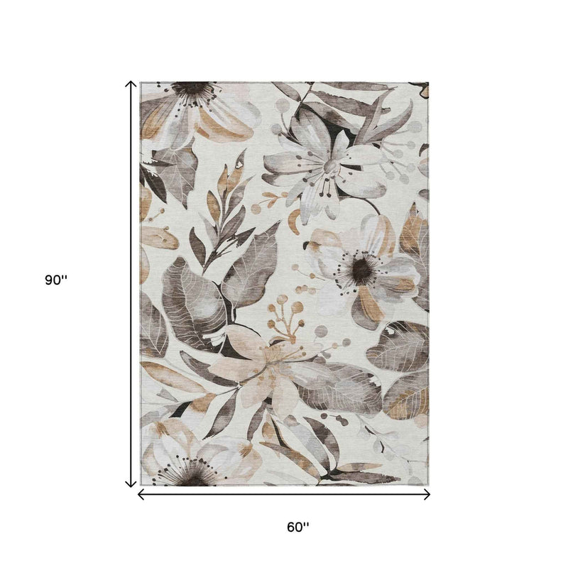 5' X 8' Ivory Charcoal And Wheat Floral Washable Indoor Outdoor Area Rug