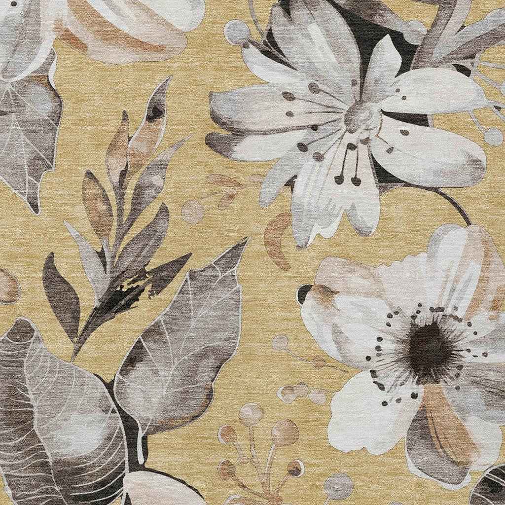 9' X 12' Gold Ivory And Charcoal Floral Washable Indoor Outdoor Area Rug