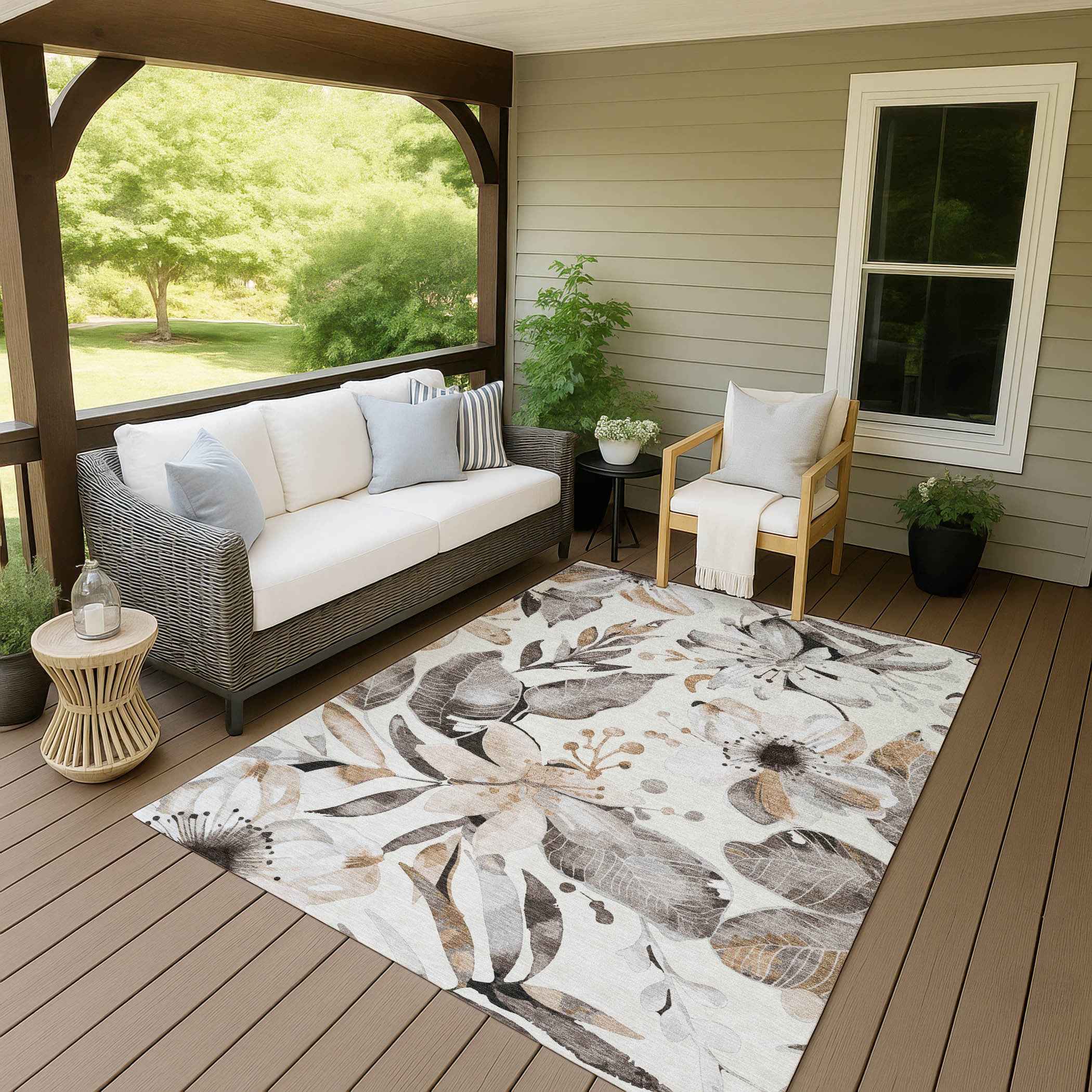 5' X 8' Ivory Charcoal And Wheat Floral Washable Indoor Outdoor Area Rug