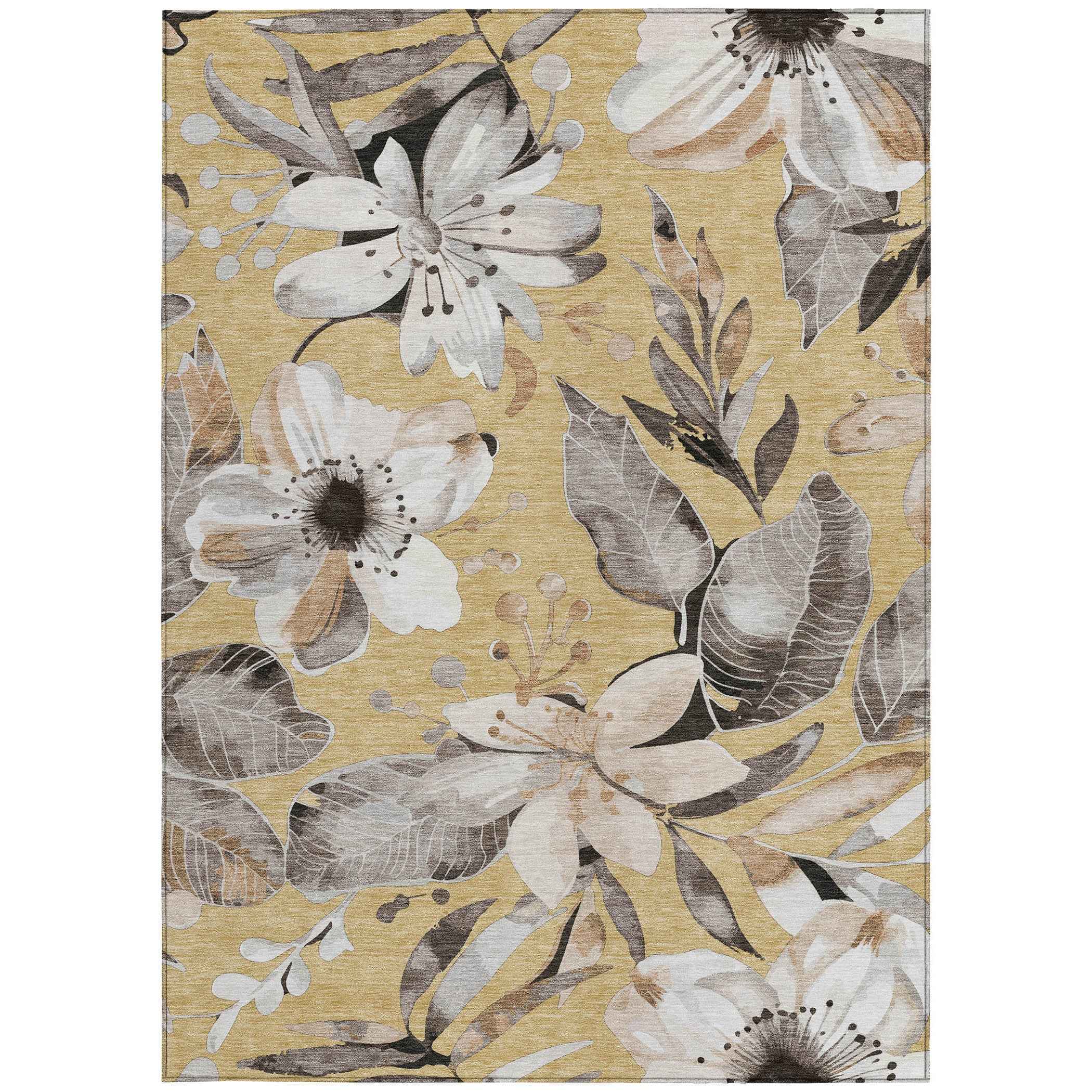 3' X 5' Gold Ivory And Charcoal Floral Washable Indoor Outdoor Area Rug