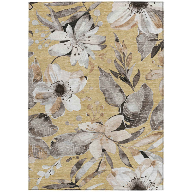 3' X 5' Gold Ivory And Charcoal Floral Washable Indoor Outdoor Area Rug