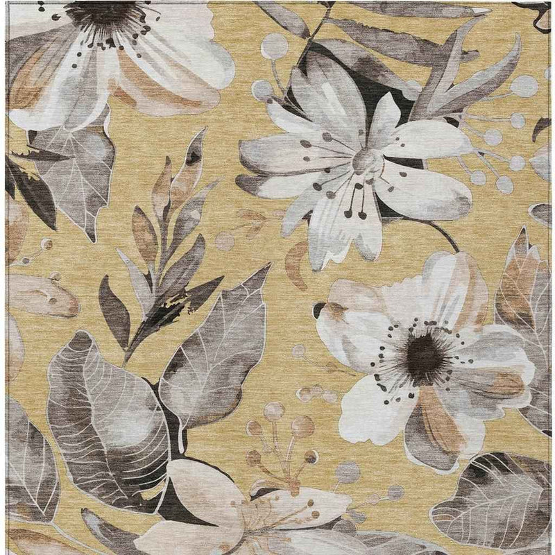 3' X 5' Gold Ivory And Charcoal Floral Washable Indoor Outdoor Area Rug