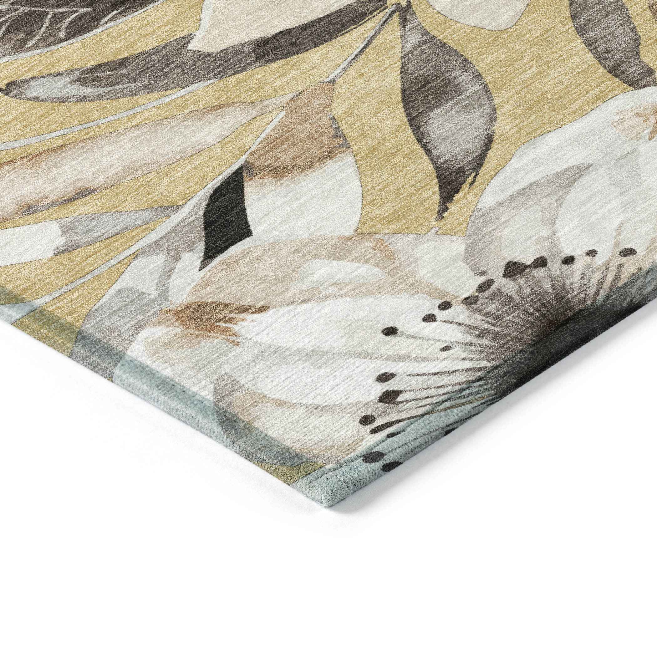 3' X 5' Gold Ivory And Charcoal Floral Washable Indoor Outdoor Area Rug