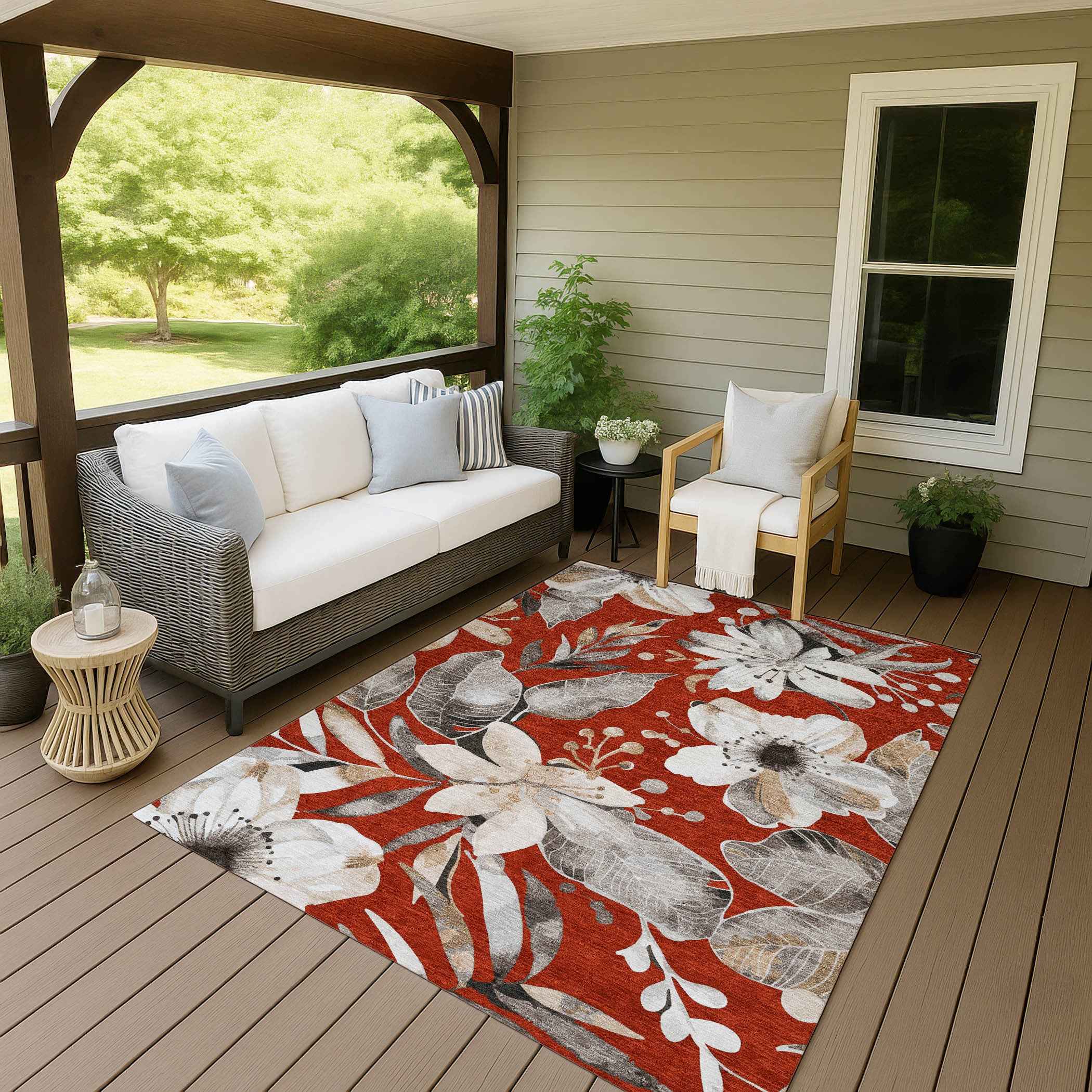 8' X 10' Red Ivory And Charcoal Floral Washable Indoor Outdoor Area Rug
