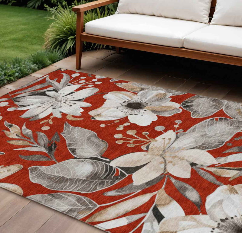 8' X 10' Red Ivory And Charcoal Floral Washable Indoor Outdoor Area Rug