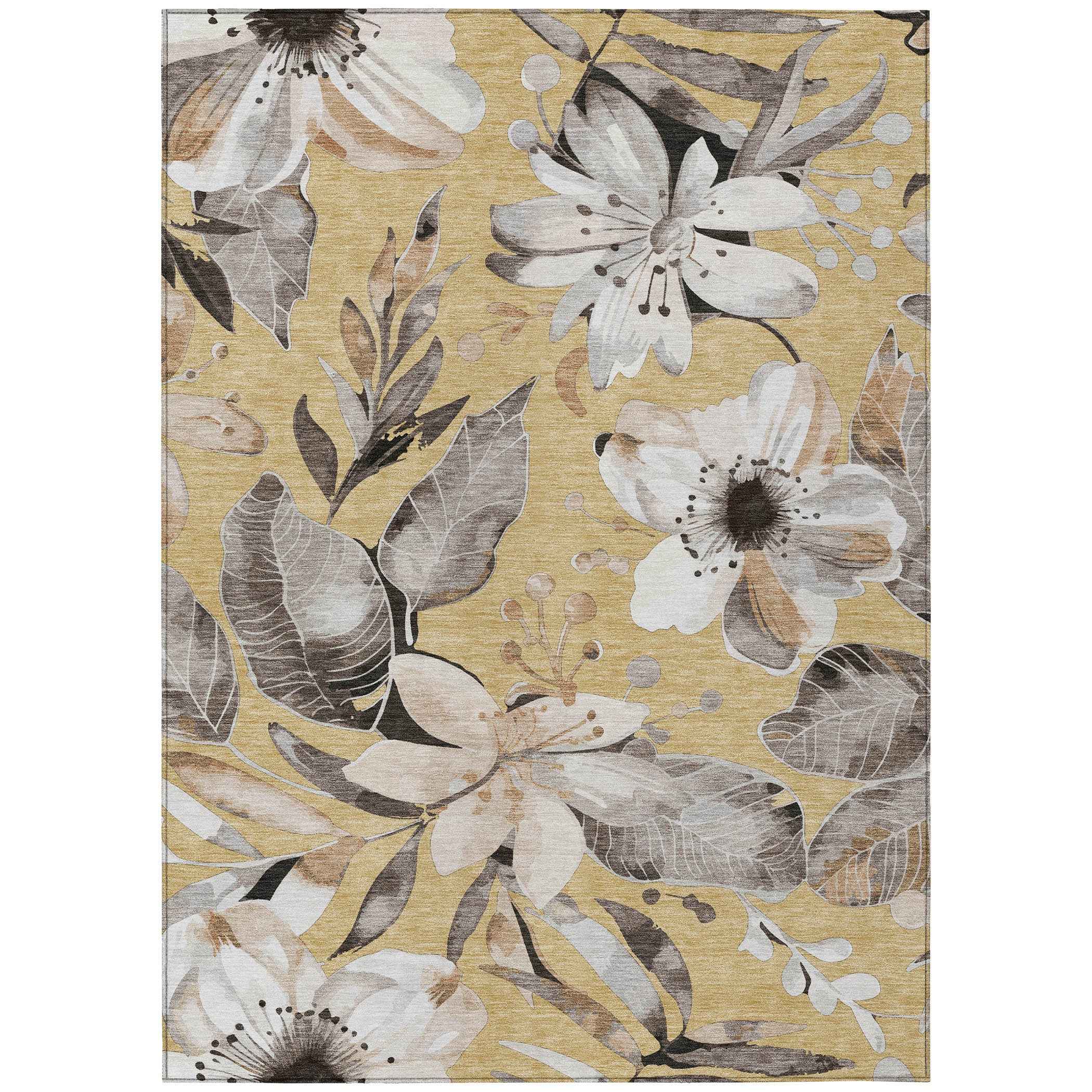 3' X 5' Gold Ivory And Charcoal Floral Washable Indoor Outdoor Area Rug