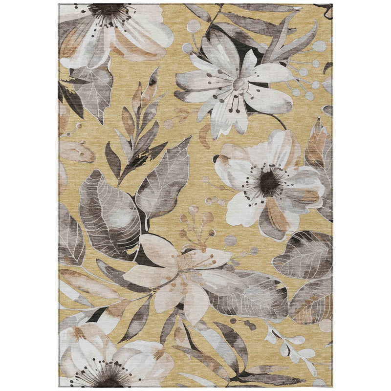 3' X 5' Gold Ivory And Charcoal Floral Washable Indoor Outdoor Area Rug