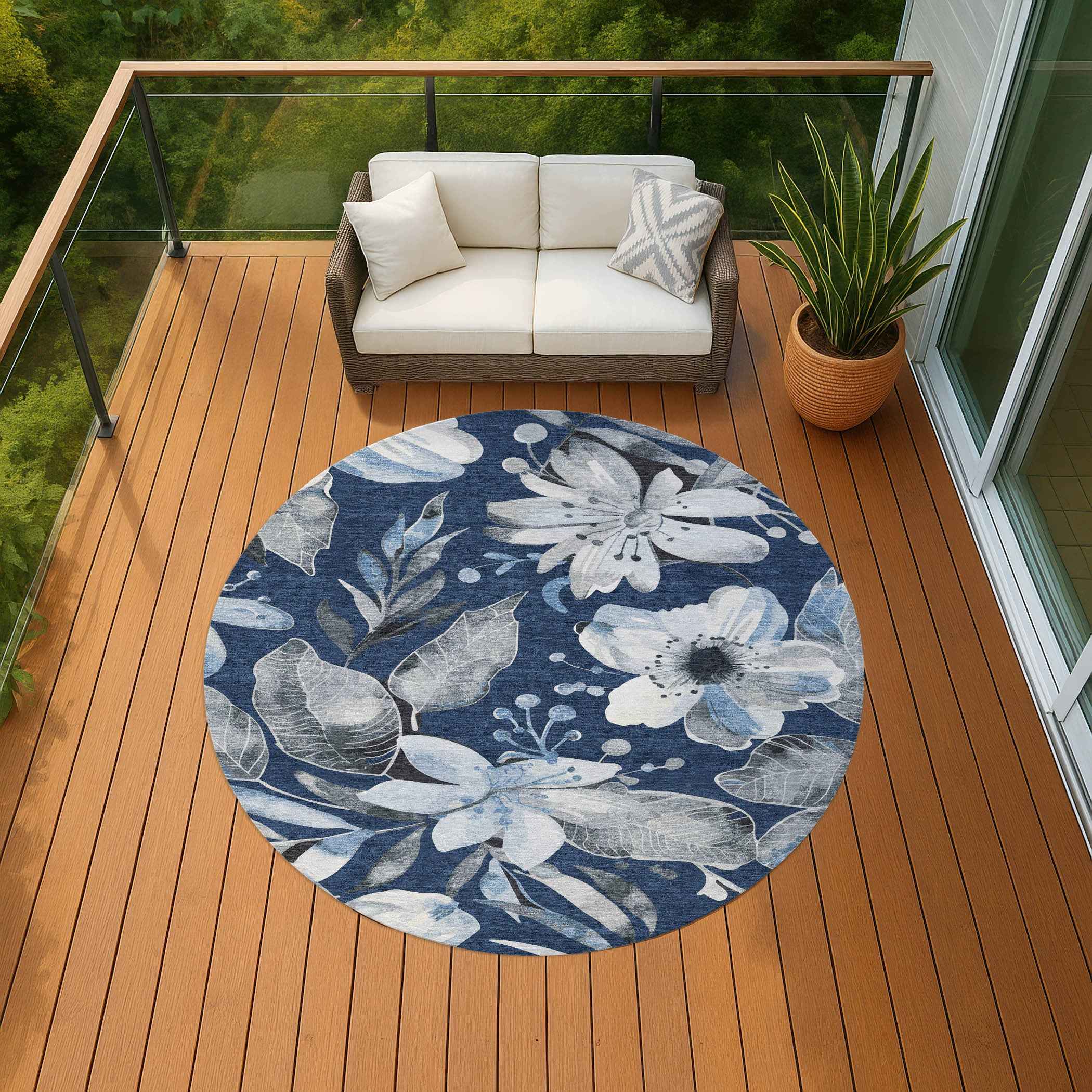 8' Navy Blue Ivory And Charcoal Round Floral Washable Indoor Outdoor Area Rug