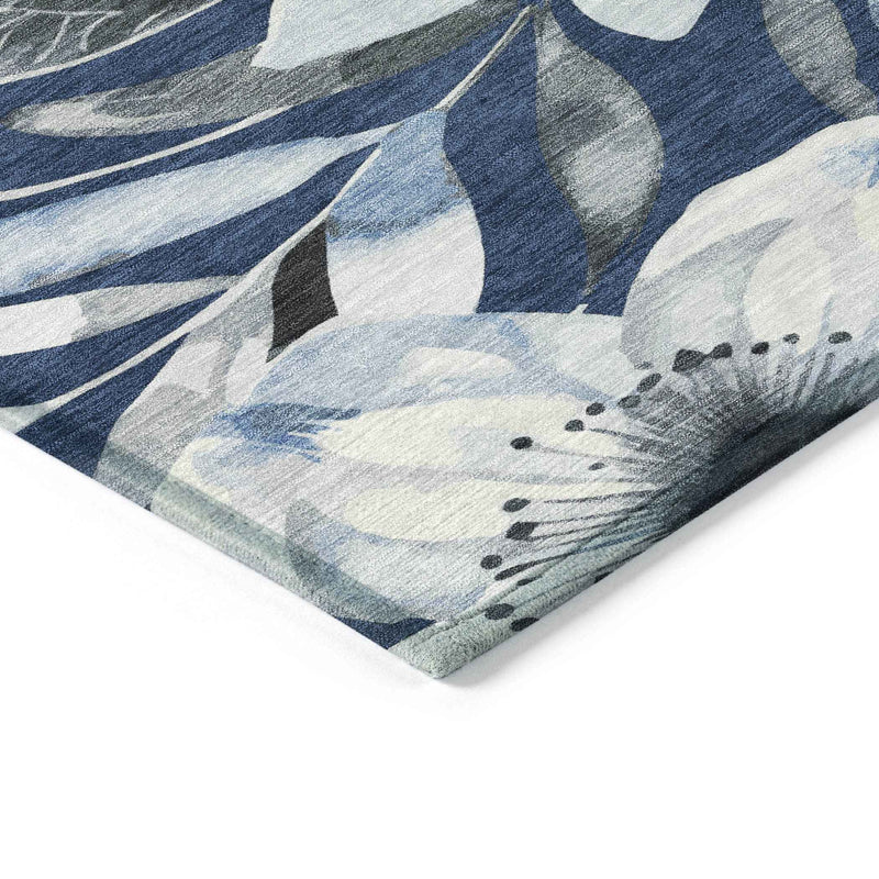 8' Navy Blue Ivory And Charcoal Round Floral Washable Indoor Outdoor Area Rug