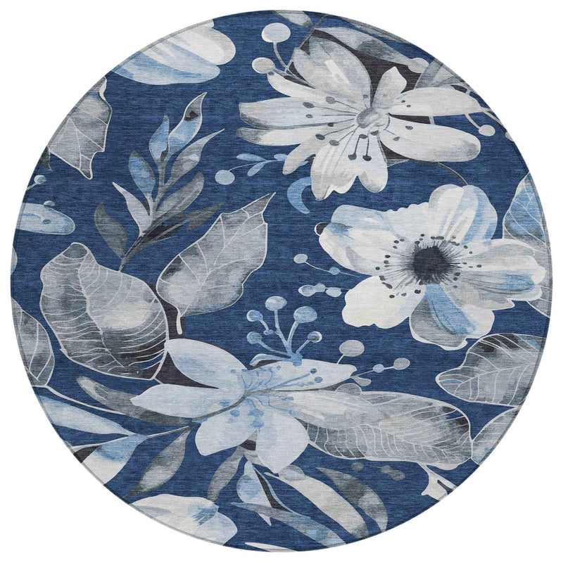 8' Navy Blue Ivory And Charcoal Round Floral Washable Indoor Outdoor Area Rug