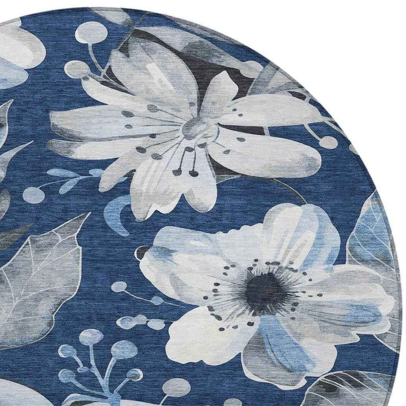 8' Navy Blue Ivory And Charcoal Round Floral Washable Indoor Outdoor Area Rug