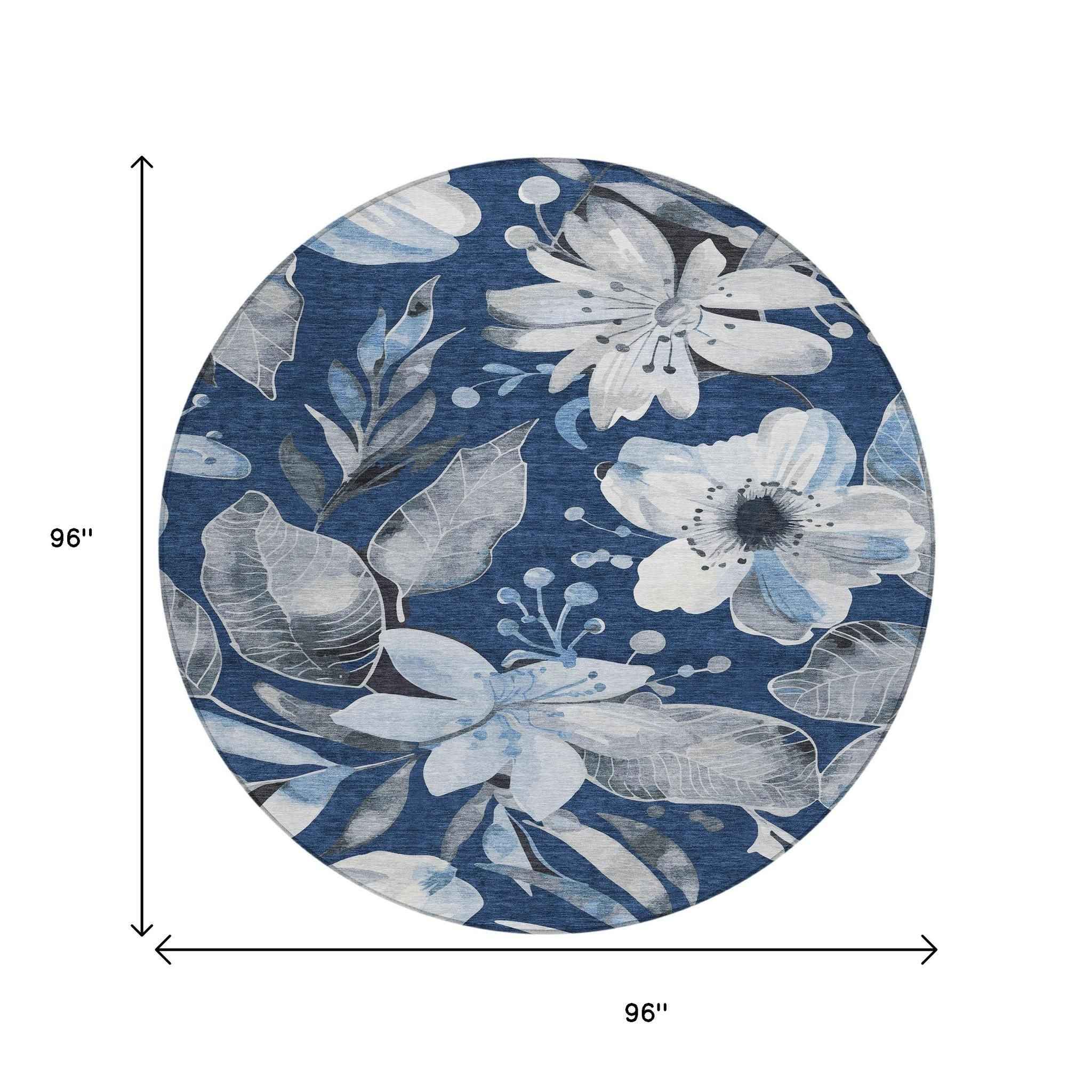 8' Navy Blue Ivory And Charcoal Round Floral Washable Indoor Outdoor Area Rug