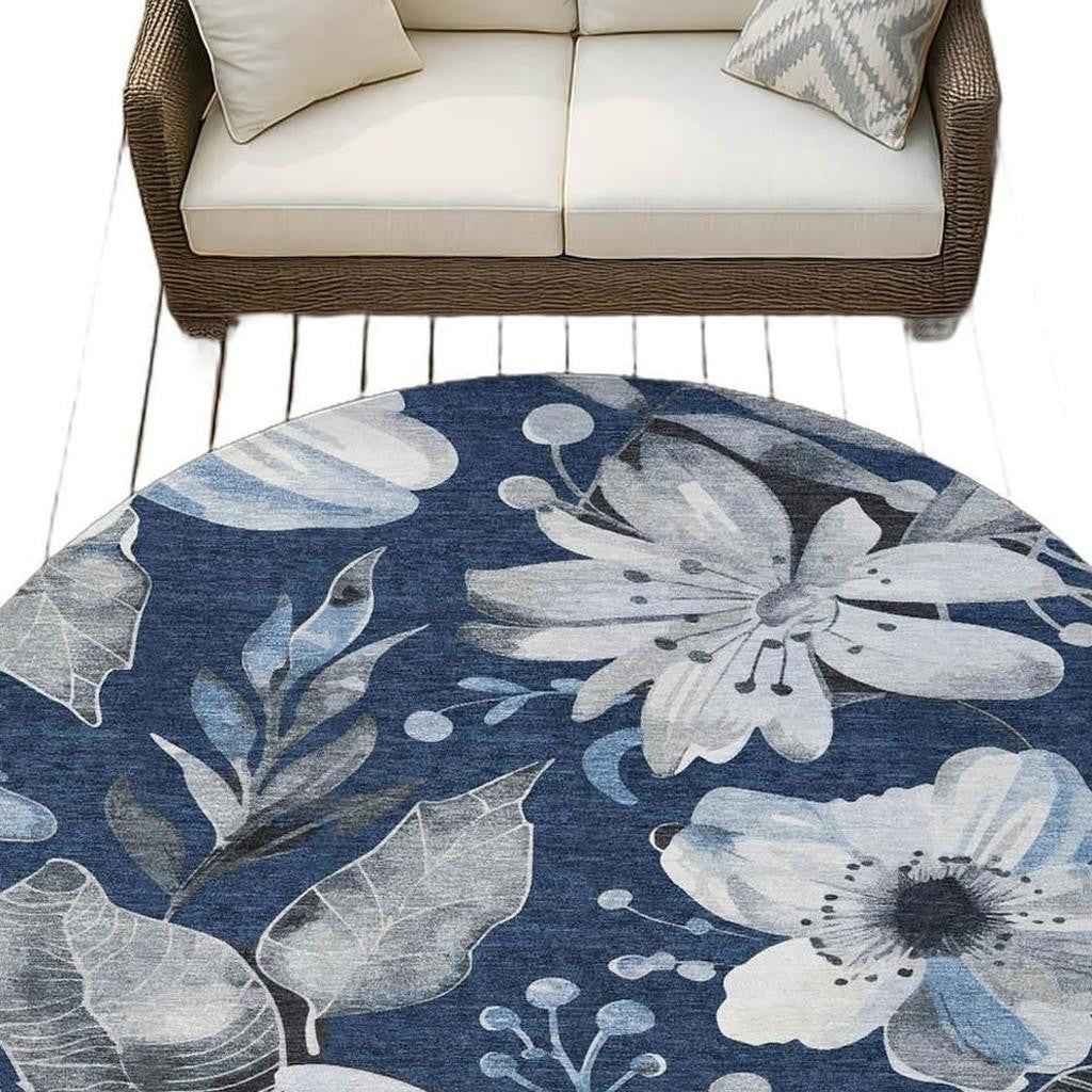 8' Navy Blue Ivory And Charcoal Round Floral Washable Indoor Outdoor Area Rug