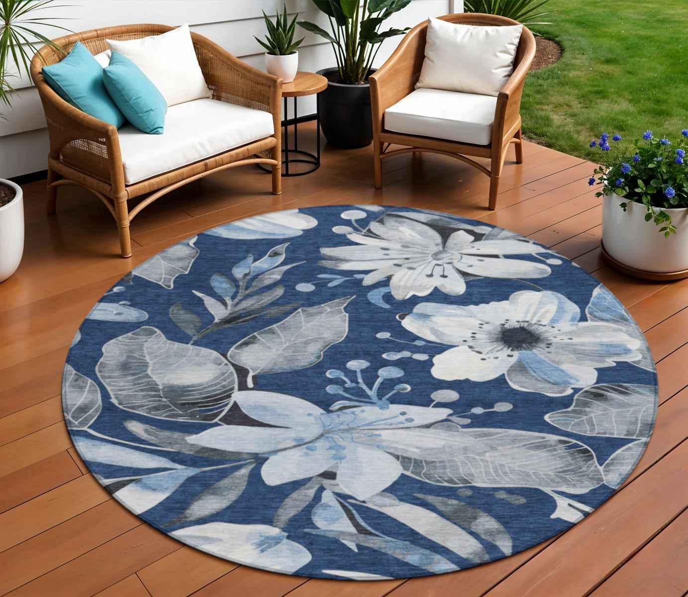 8' Navy Blue Ivory And Charcoal Round Floral Washable Indoor Outdoor Area Rug