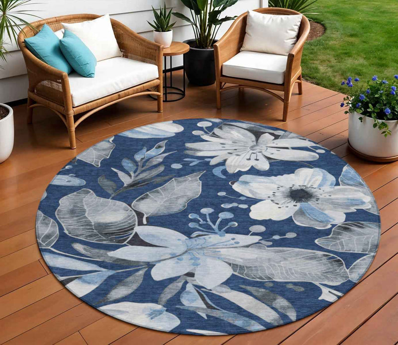 8' Navy Blue Ivory And Charcoal Round Floral Washable Indoor Outdoor Area Rug