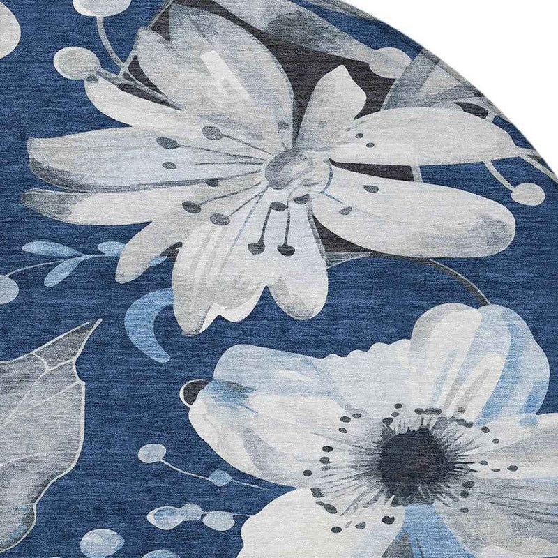 8' Navy Blue Ivory And Charcoal Round Floral Washable Indoor Outdoor Area Rug