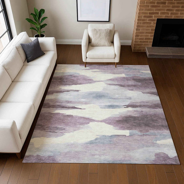 10' X 14' Plum And Ivory Abstract Washable Indoor Outdoor Area Rug