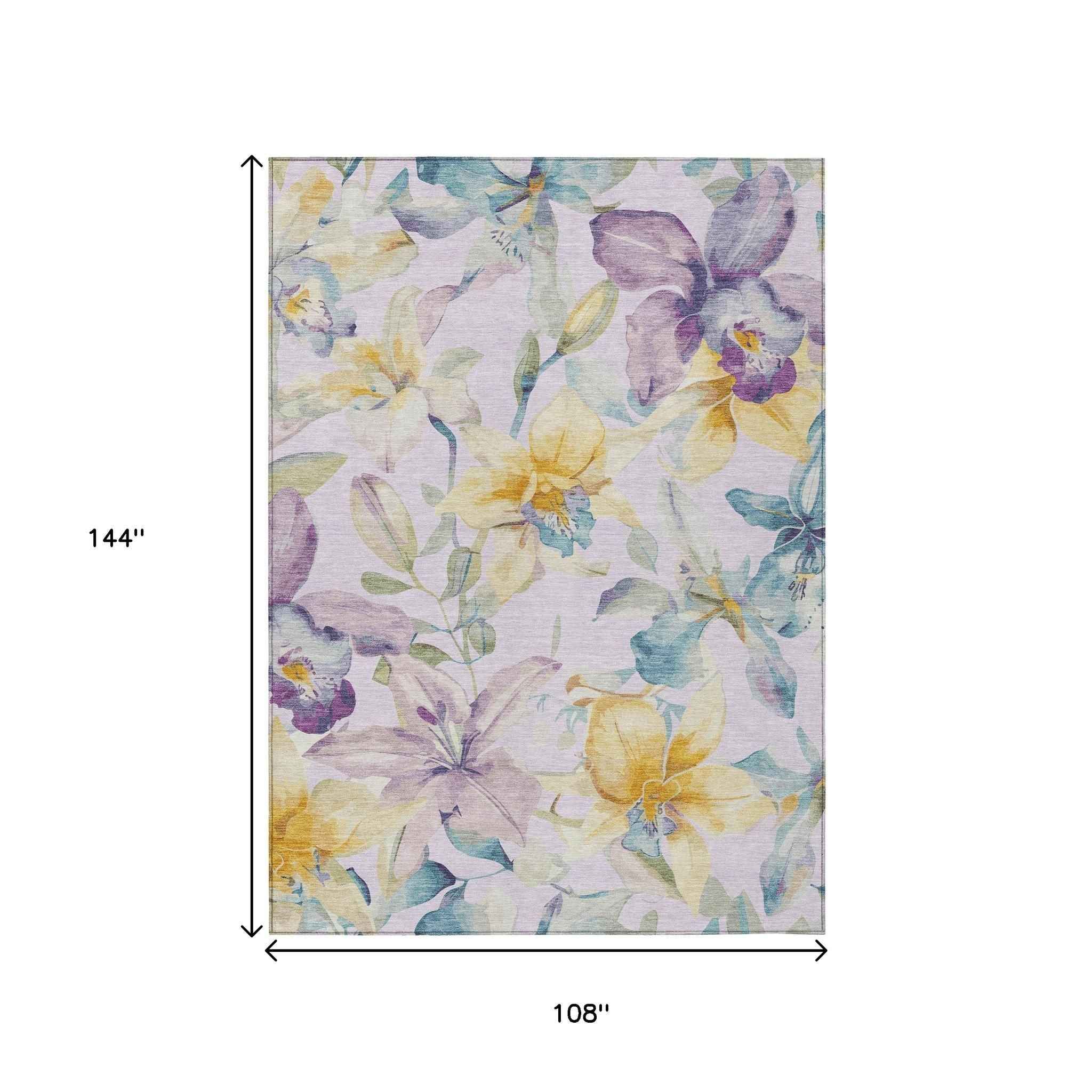 9' X 12' Lavender Gold And Ivory Floral Washable Indoor Outdoor Area Rug