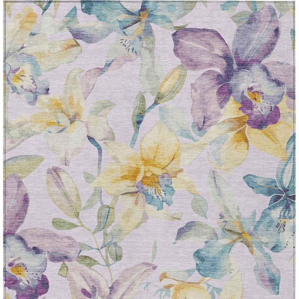 9' X 12' Lavender Gold And Ivory Floral Washable Indoor Outdoor Area Rug