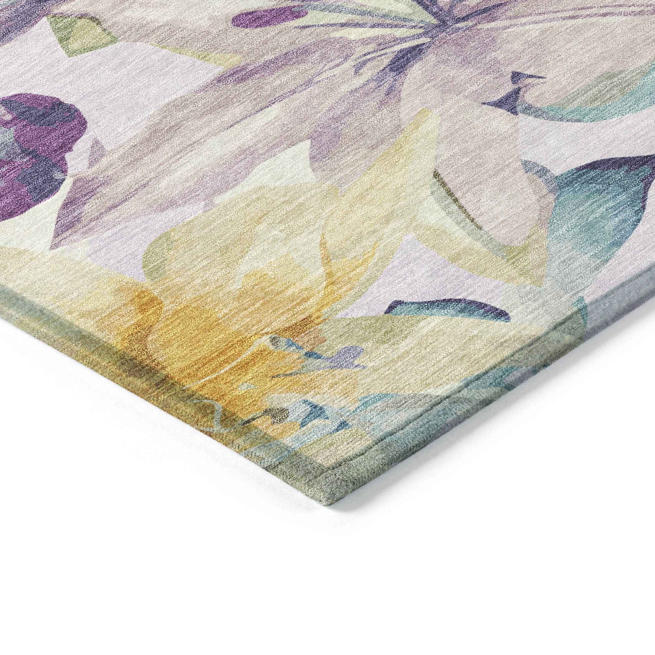 9' X 12' Lavender Gold And Ivory Floral Washable Indoor Outdoor Area Rug