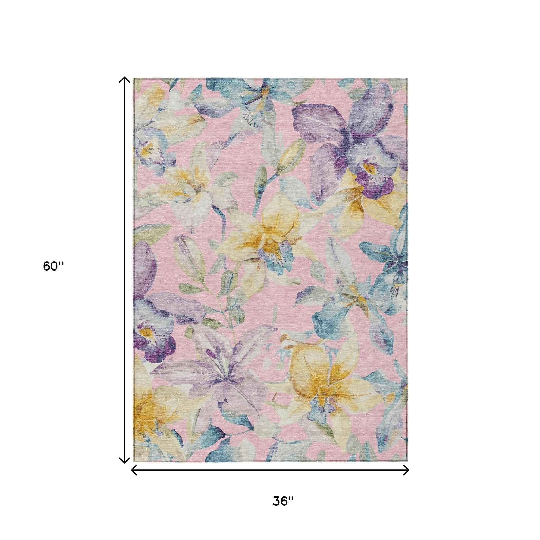 3' X 5' Pink Gold And Lavender Floral Washable Indoor Outdoor Area Rug