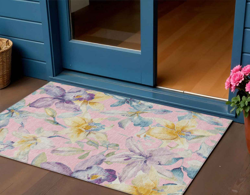 3' X 5' Pink Gold And Lavender Floral Washable Indoor Outdoor Area Rug