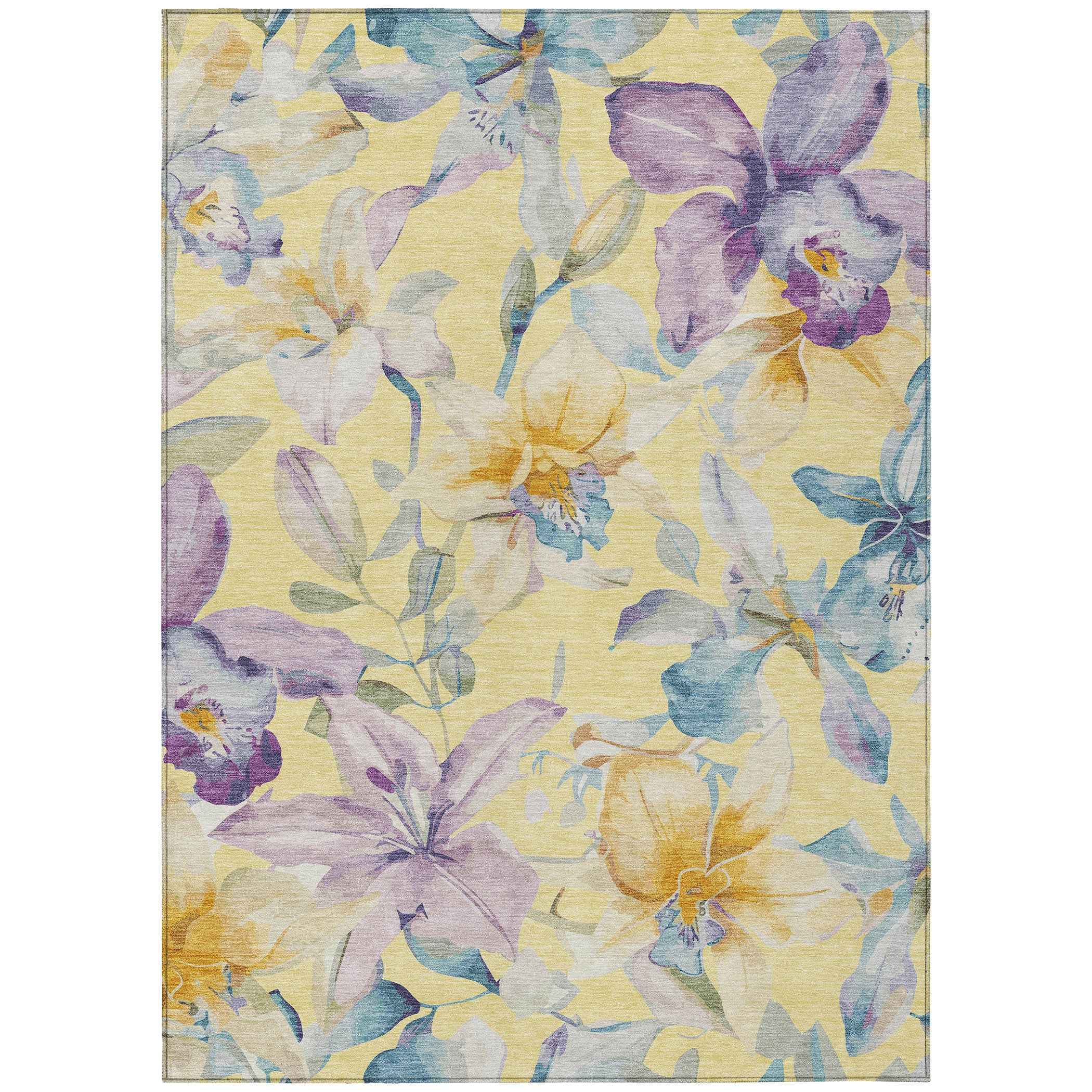 8' X 10' Yellow Gold And Lavender Floral Washable Indoor Outdoor Area Rug