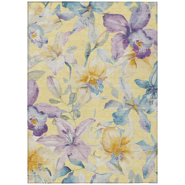 8' X 10' Yellow Gold And Lavender Floral Washable Indoor Outdoor Area Rug