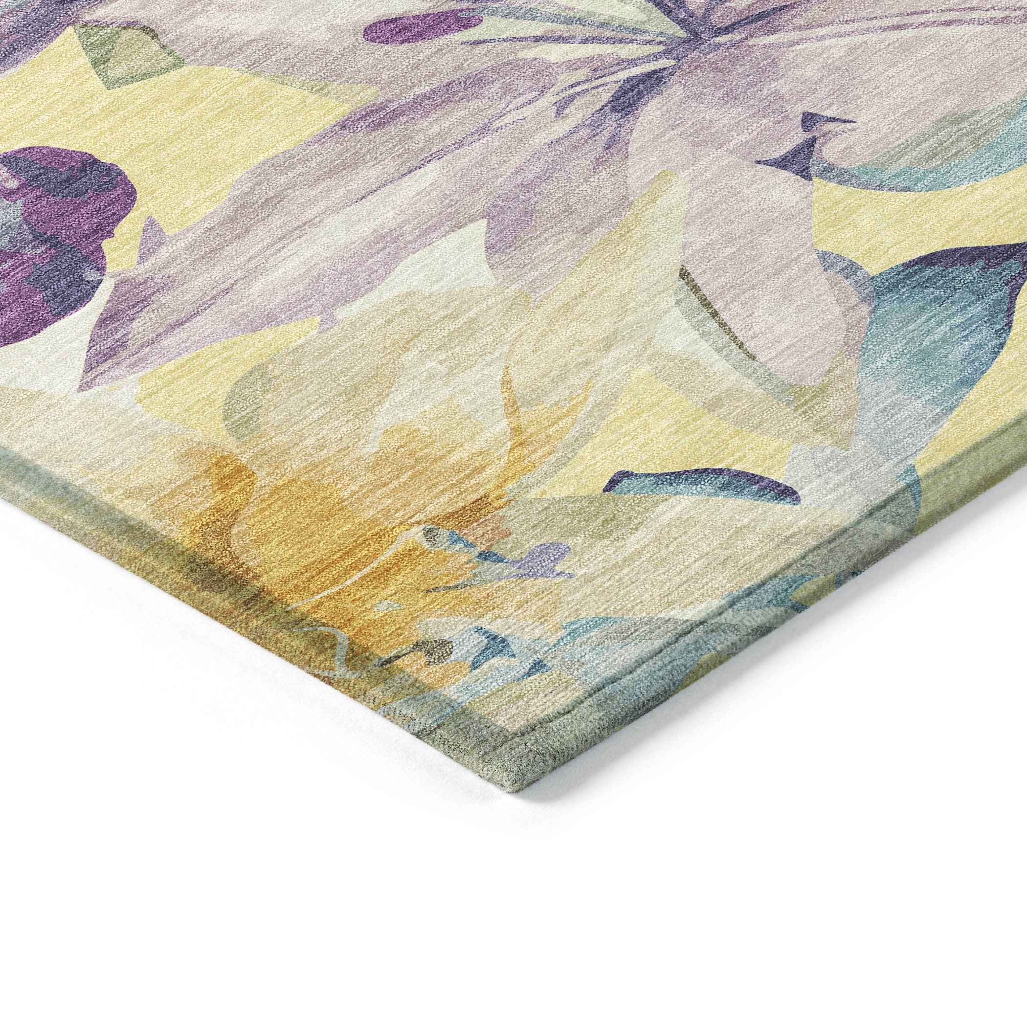 8' X 10' Yellow Gold And Lavender Floral Washable Indoor Outdoor Area Rug