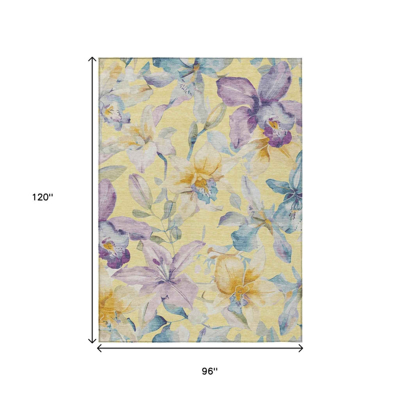 8' X 10' Yellow Gold And Lavender Floral Washable Indoor Outdoor Area Rug