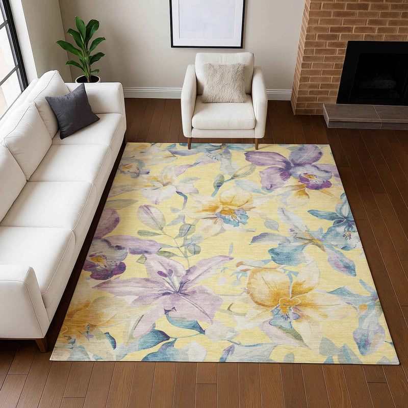 8' X 10' Yellow Gold And Lavender Floral Washable Indoor Outdoor Area Rug