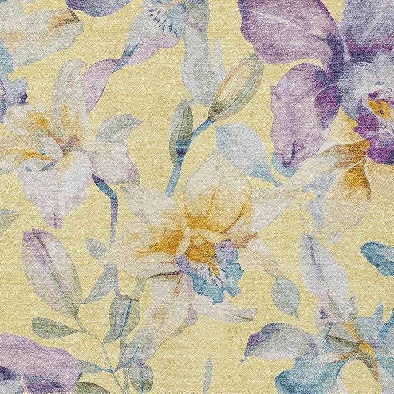 8' X 10' Yellow Gold And Lavender Floral Washable Indoor Outdoor Area Rug
