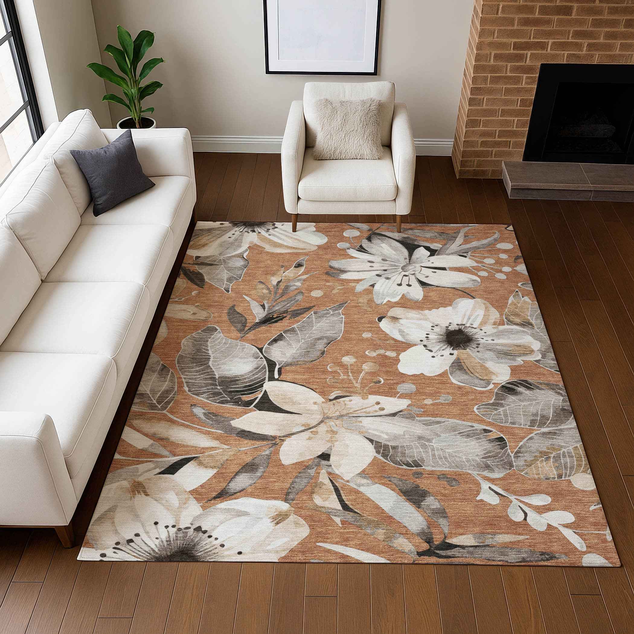 3' X 5' Copper Ivory And Charcoal Floral Washable Indoor Outdoor Area Rug