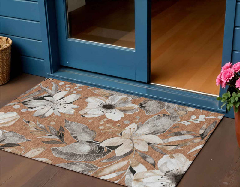 3' X 5' Copper Ivory And Charcoal Floral Washable Indoor Outdoor Area Rug