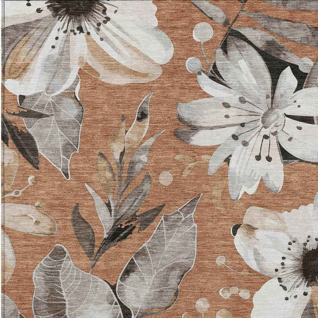 3' X 5' Copper Ivory And Charcoal Floral Washable Indoor Outdoor Area Rug