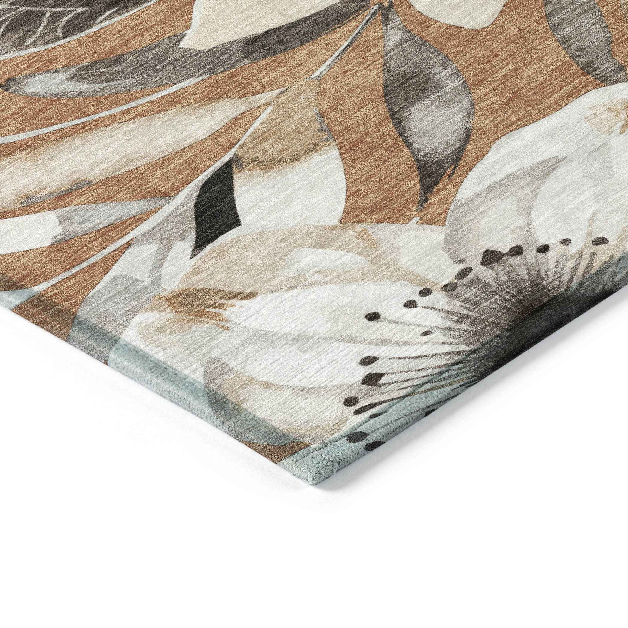 3' X 5' Copper Ivory And Charcoal Floral Washable Indoor Outdoor Area Rug