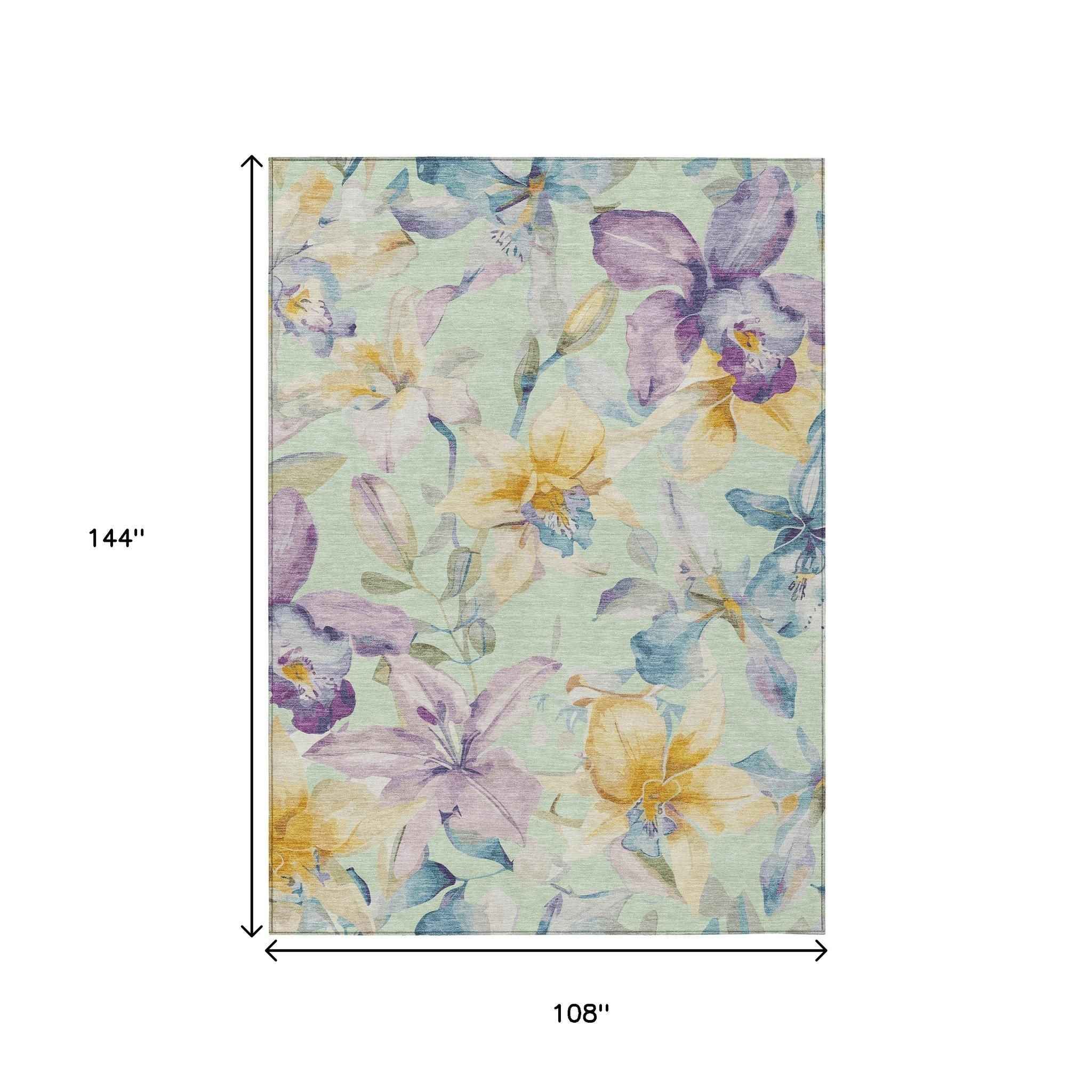 9' X 12' Mint Green Gold And Lavender Floral Washable Indoor Outdoor Area Rug