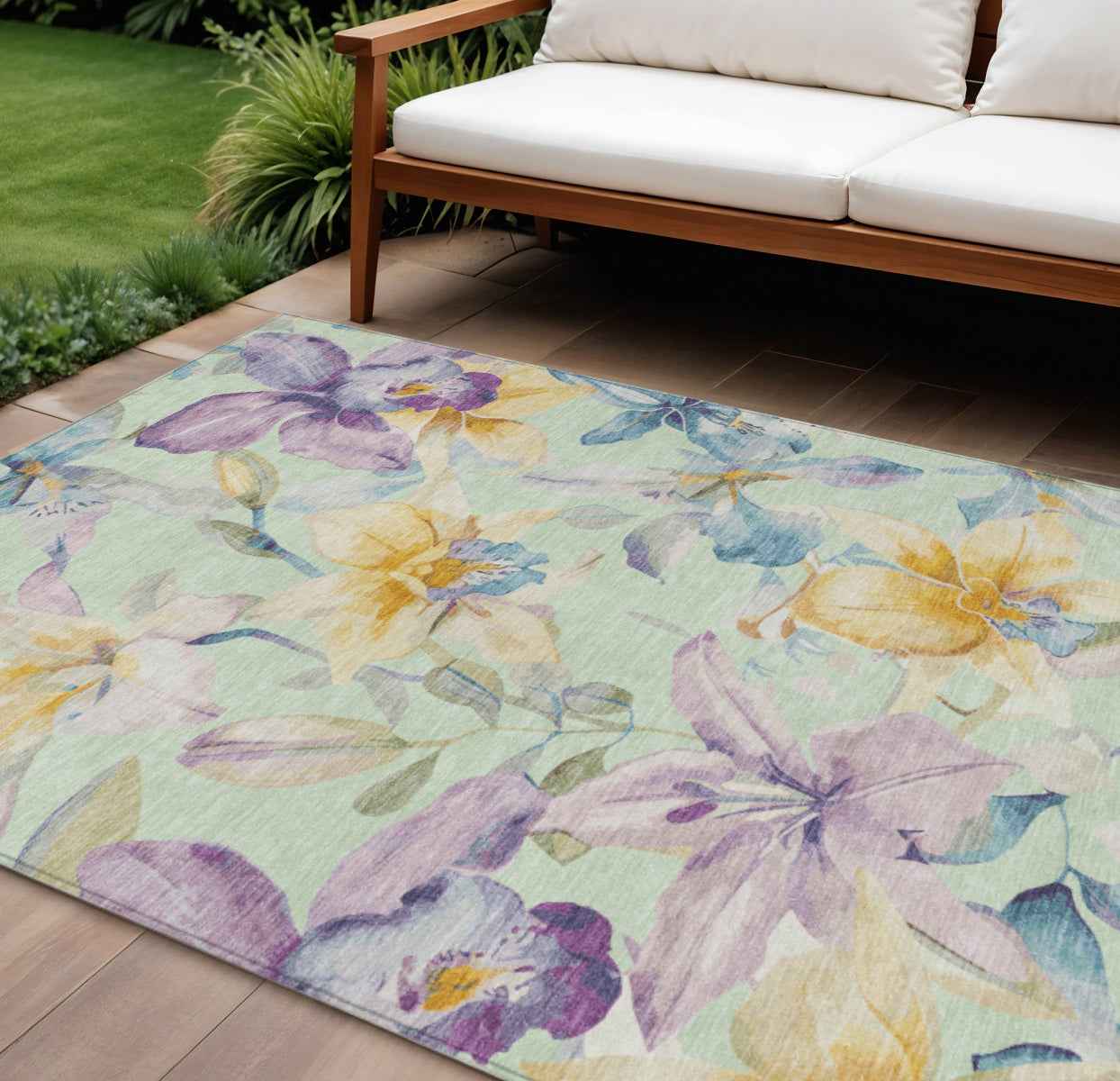 9' X 12' Mint Green Gold And Lavender Floral Washable Indoor Outdoor Area Rug
