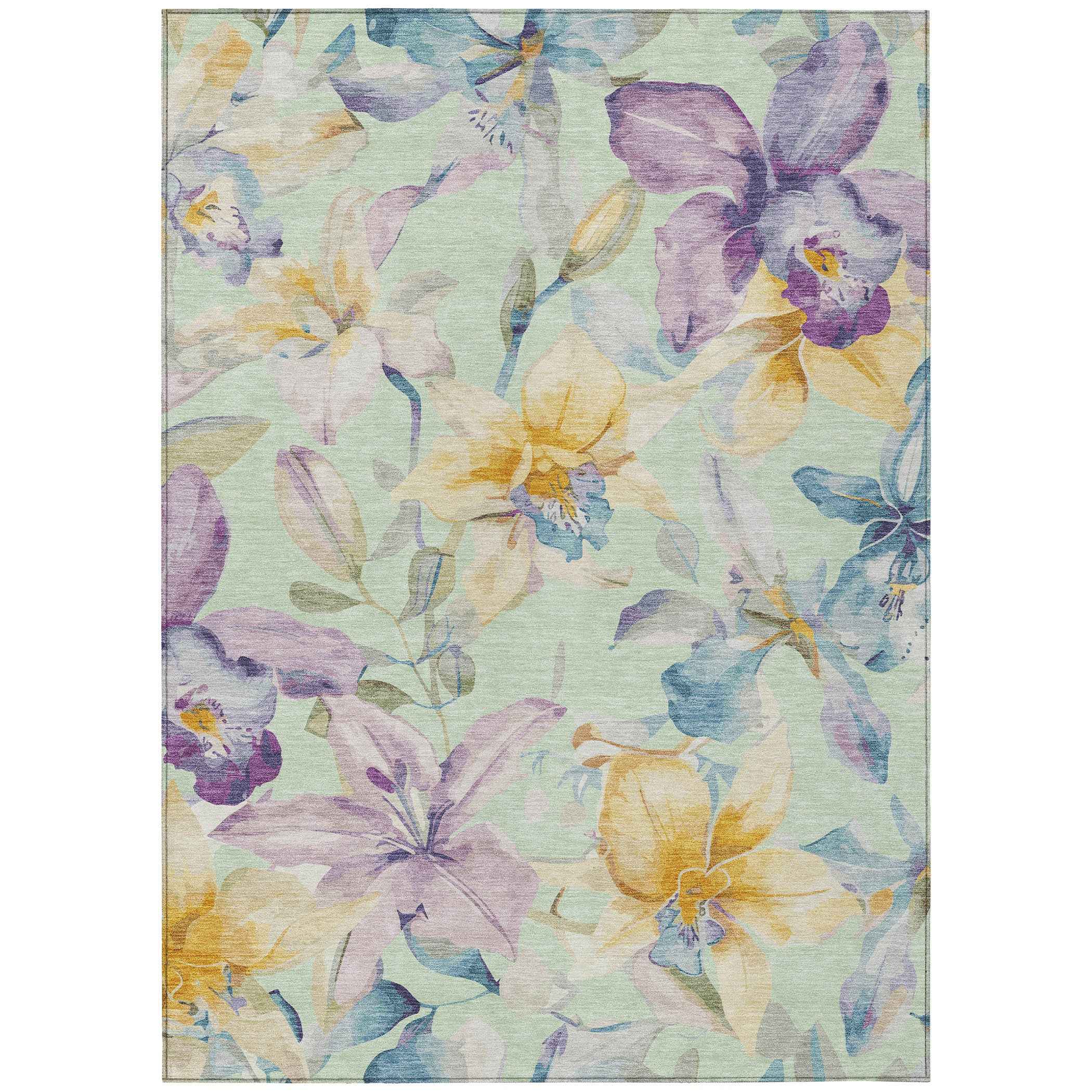 9' X 12' Mint Green Gold And Lavender Floral Washable Indoor Outdoor Area Rug