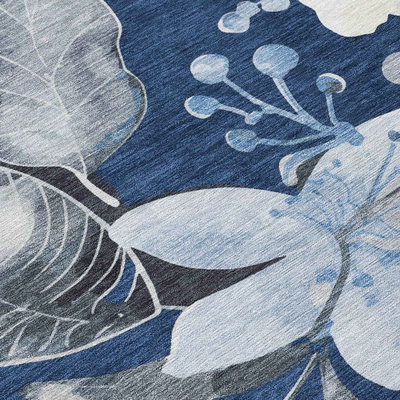 9' X 12' Navy Blue Ivory And Charcoal Floral Washable Indoor Outdoor Area Rug